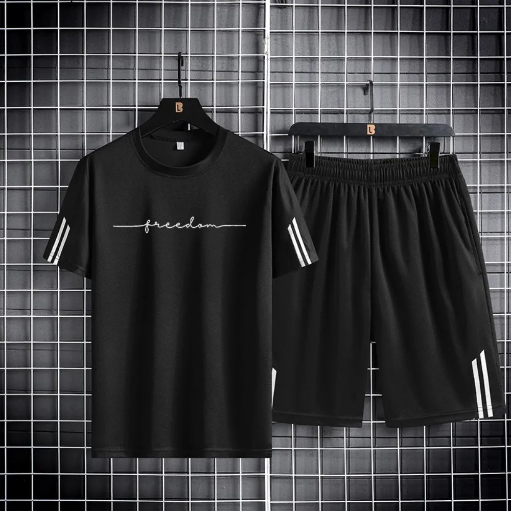 Fashionable summer men's sports striped print soft and breathable round neck T-shirt shorts set outdoor casual clothing