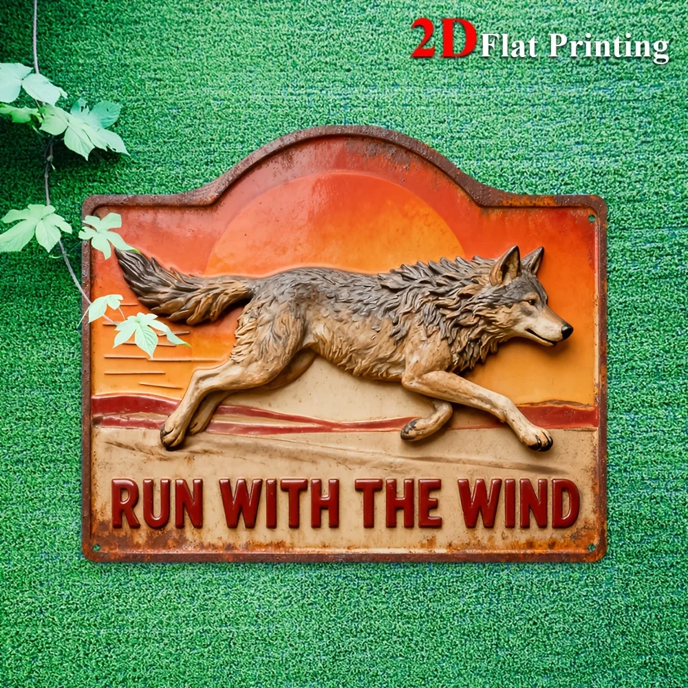 1pc 2D Flat Sign Artwork Depicting A Running Wolf At Sunset, Ideal For Rustic Home Decoration, Bar Wall Art,And Cozy Living Room