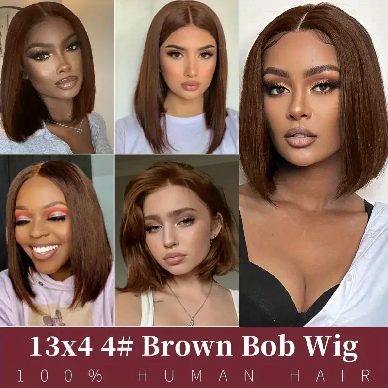 200 densityBrazilian Human Hair  Chocolate Brown Short Bob Bone Straight 13x4 HD Transparent Lace Front Human Hair Wig For Women image 6