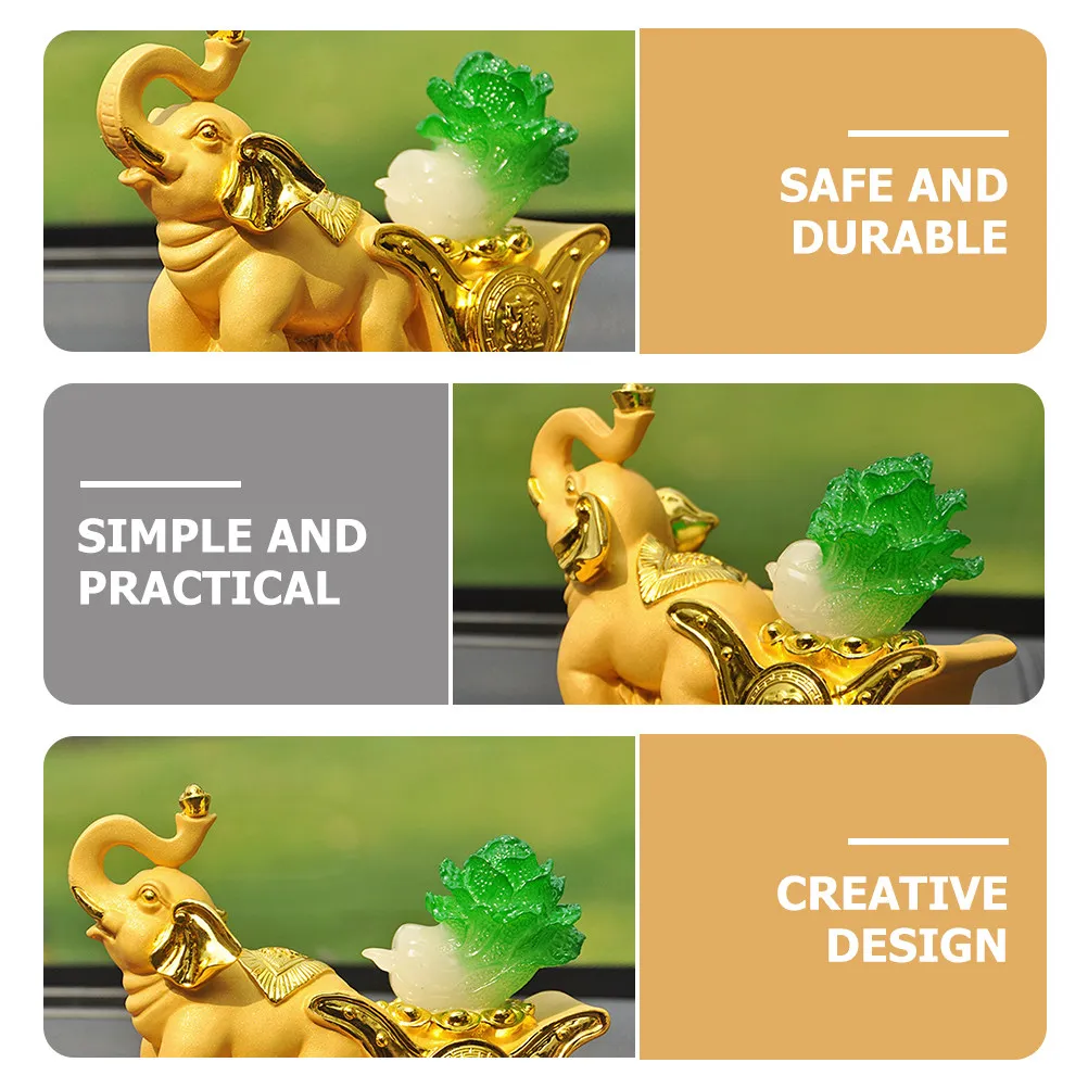 Resin Elephant Cabbage Design Golden Statue Car Interior Decor Desktop Office Reception Desk Ornament Auspicious Luck Gift