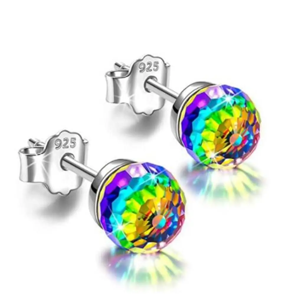 925 Sterling Silver Colorful Crystal Stud Earrings, Trendy Ball Design Jewelry Gift for Women