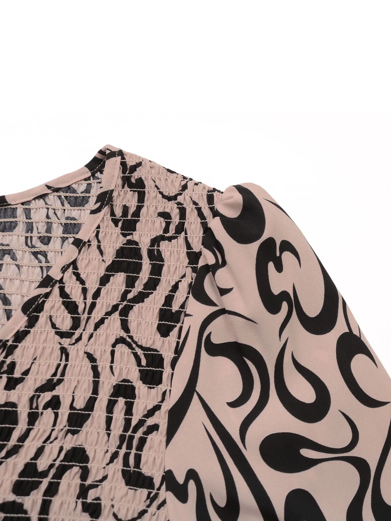 Women's Khaki Black Floral Print V Neck Long Sleeve Smocked Waist Midi Dress Autumn Winter Casual Party Daily Elegant