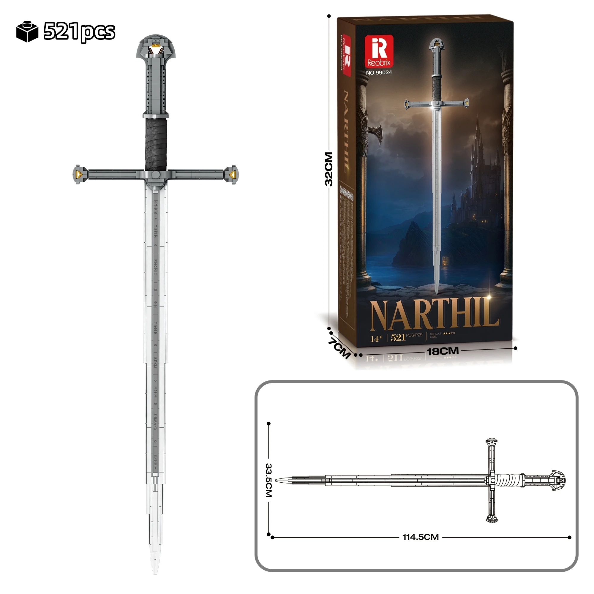 

FUNXINEE Building Blocks, Medieval Sword Model Kit, 521Pcs Movie Game Prop Bricks, 3D Details Display Decor, Children Day Gift