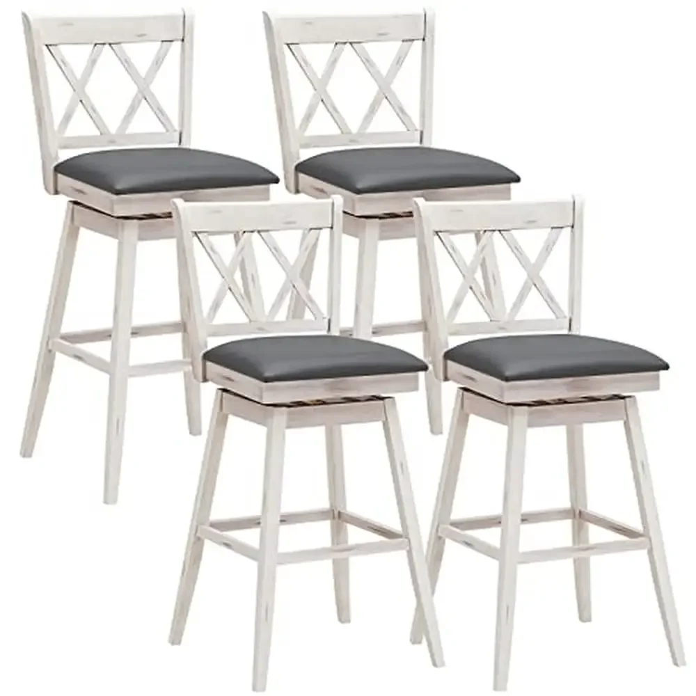 Set of 4 360 °Swivel Bar Stool with Footrest & Ergonomic Backrest Upholstered Seat Sturdy Wood Construction