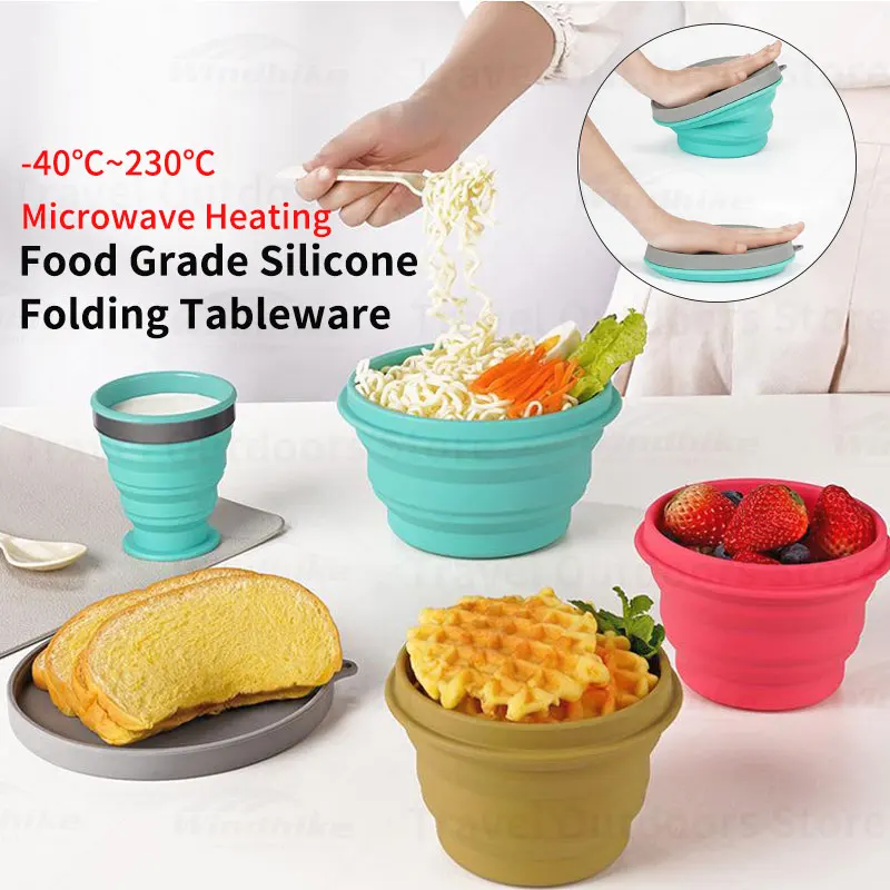 230℃ High Temperature Resistant Cup/Bowl Food Grade Silicone Folding Tableware Outdoor Survival Camping Hik Picnic Tableware Set