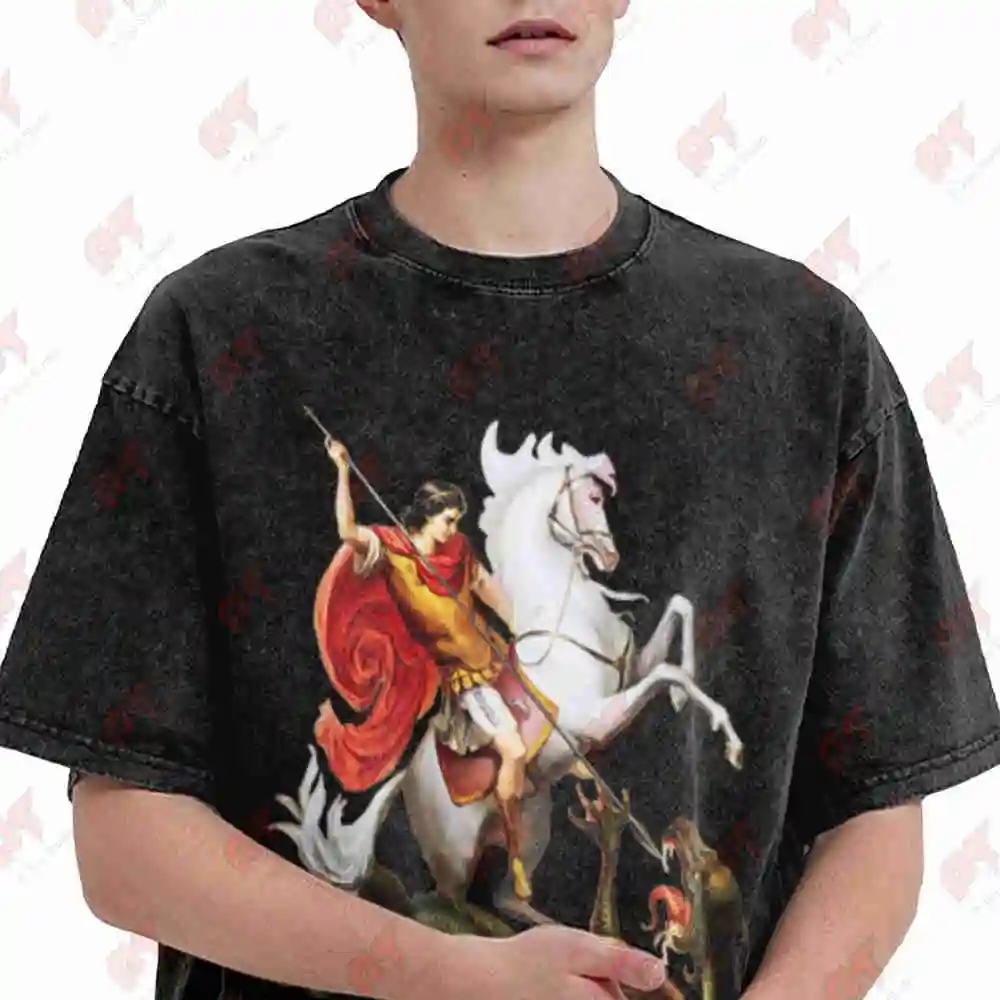 Saint George And The Dragon England Catholic Saints Praying Vintage Washed Tee Pure Cotton T-Shirt