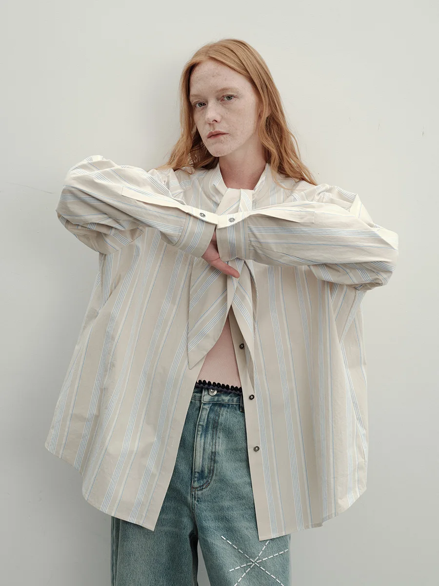 

f Made Striped Patchwork Bow Tie irt Loose Fit Long Sve Cotton Spring Summer Casual Wear Chinese Brand Women's irt