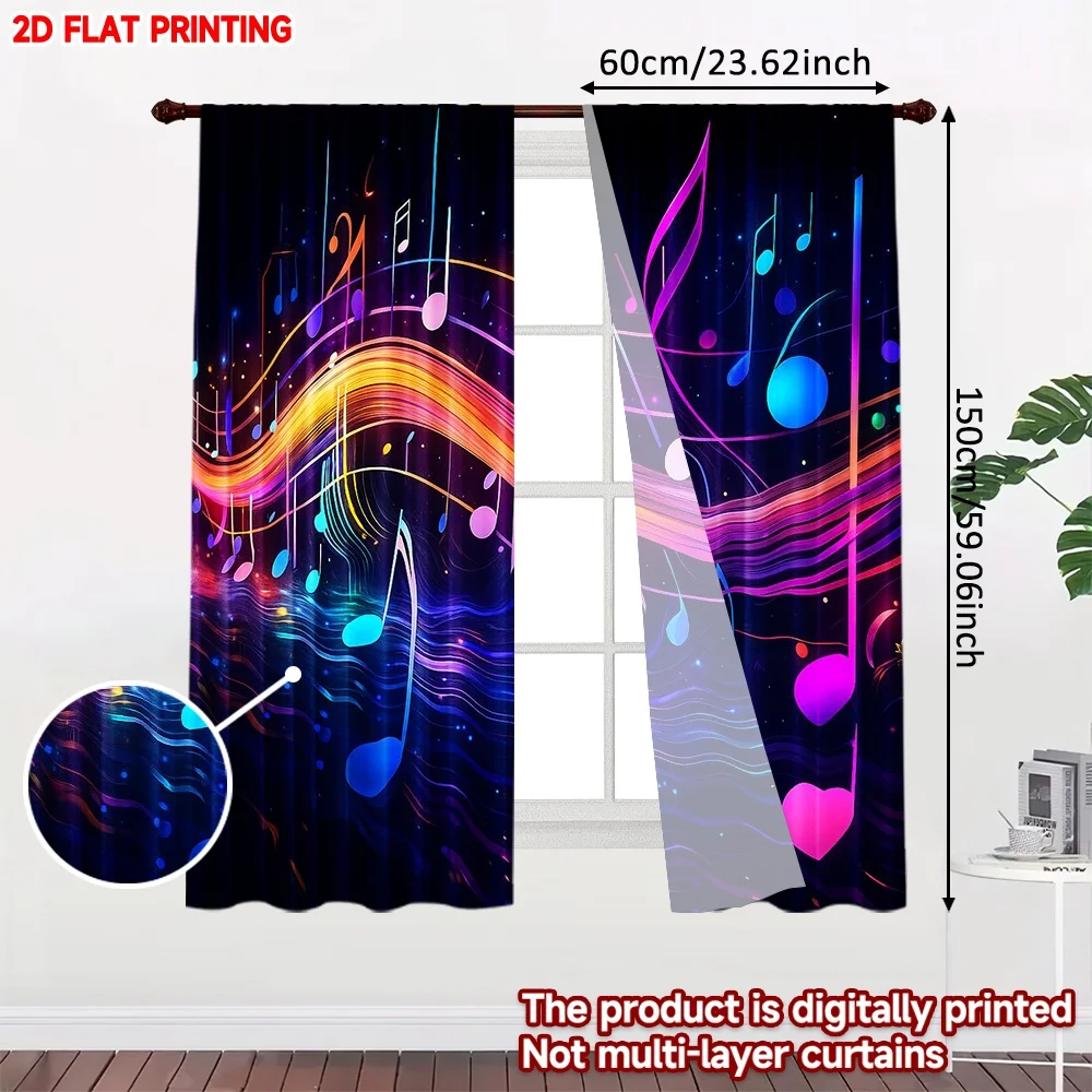 2D flat printing 2pcs Drapes Guitar music notes Digital Printed Polyester Drapes Family Party Use for Holiday Home Decor & Gifts