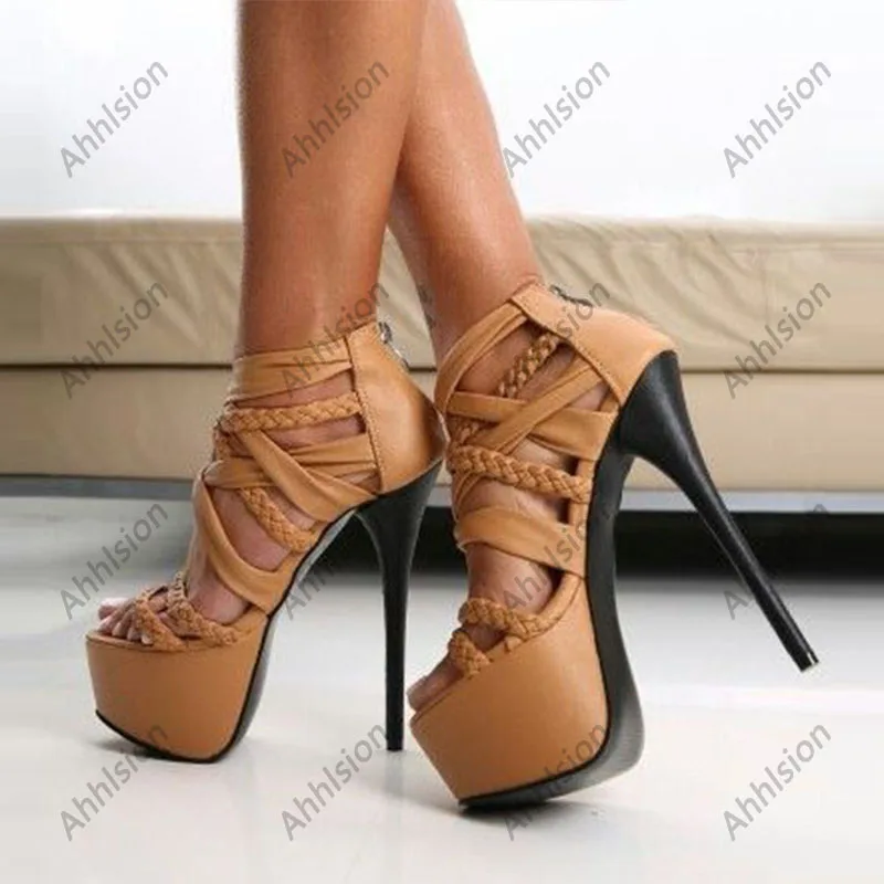 Ahhlsion New Women Summer Sandals Sexy Stiletto Heels Round Toe Beautiful Black Shoes Ladies US Plus Size 5-20