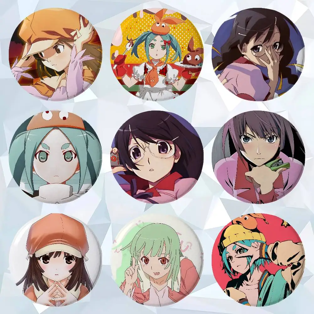 Anime Monogatari Series Premium Tinplate Round Lapel Pins: Cute Badge Brooches For Shoulder Bag Accessories, Souvenir Gifts