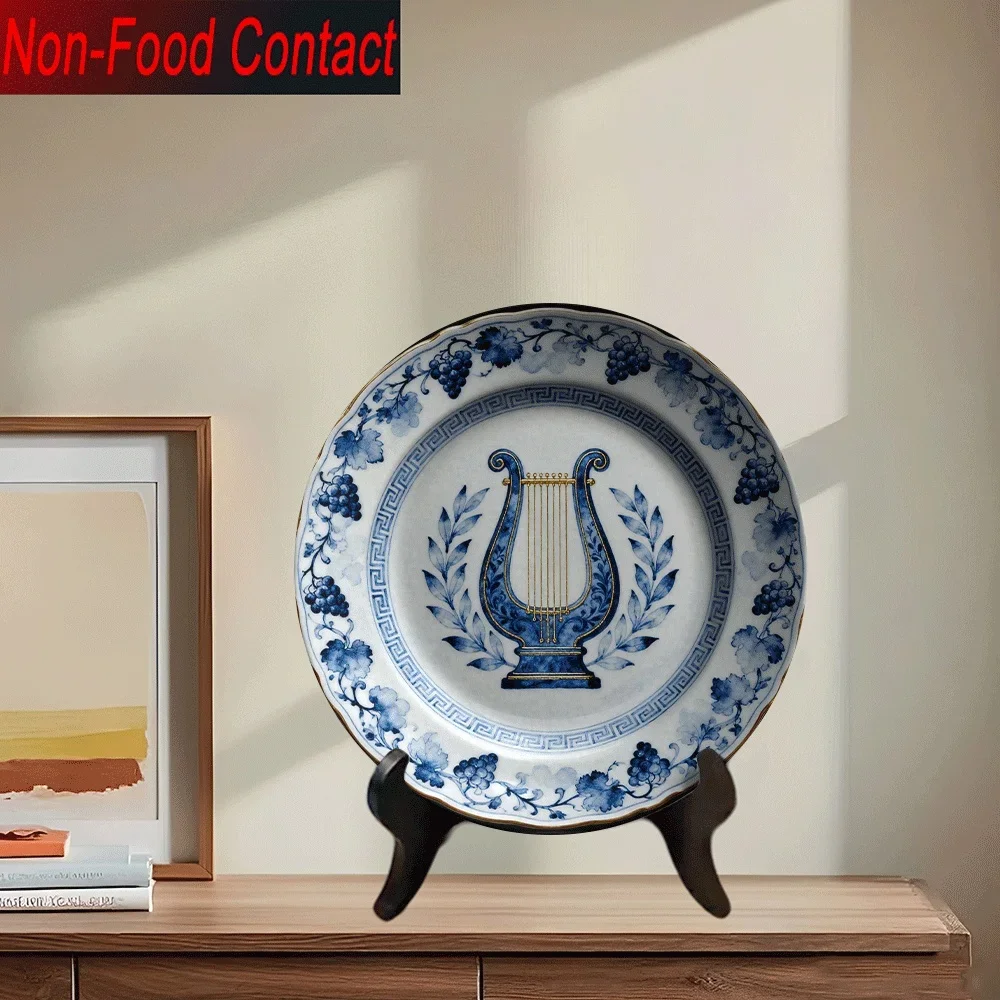 2D Flat, 1pc Ceramic Decorative Plate with and Porcelain Harp & Grape Design, Golden Accents - Non-Food Contact Home Decor for