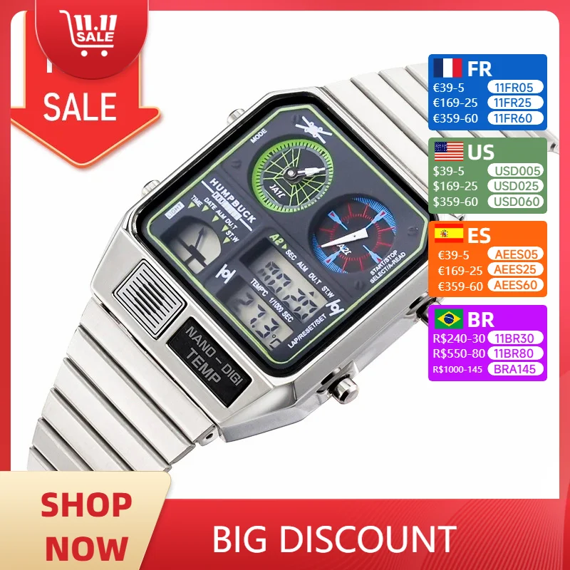 HUMPBUCK Men's Watches Square Dial Fashion Creative Design Sport Watches with LED Display Stopwatch and Temperature Display