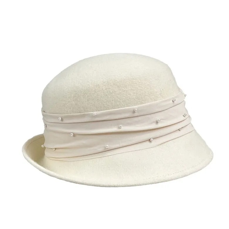 Vintage Floppy Brim Wool Bucket Hat for Women Pearls Studded Autumn Winter Wool Felt Fedora Hat Ivory Camel Sombreros De Mujer