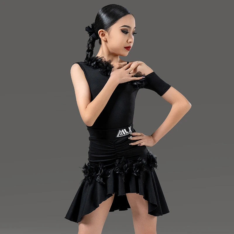 

Children Latin Dance Costume Cutout One Shoulder Bodysuit and Irregular Pleated Skirts Kids Girls Performance Training Clothing