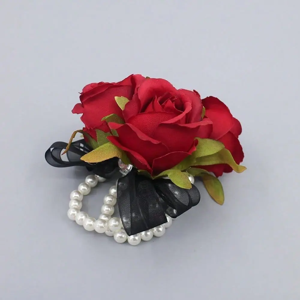 

Rose Corsage Boutonniere Set Real Touch Flowers For Party Ball Dancing Wedding With Lace Bow Decor Red