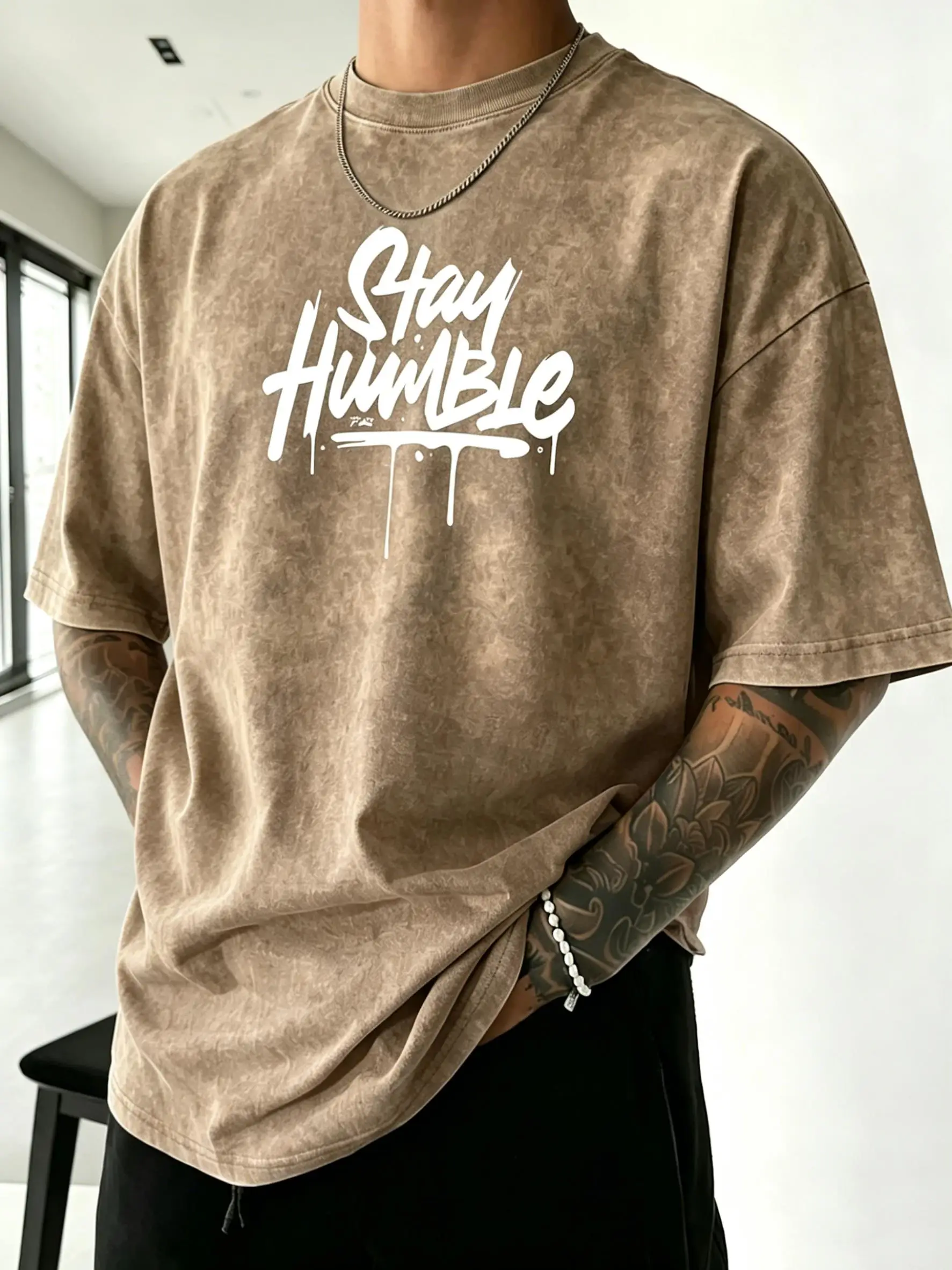 Stay Humble Art Letter Printed Men Washed T Shirts Summer Cotton T-Shirt Loose Crewneck Clothes Breathable Casual Streetwear