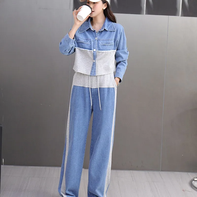 Blue Patchwork Pants Sets Women Fashion Long Sleeve Two Piece Sets Short Jacket Straight Trousers new in matching sets Female