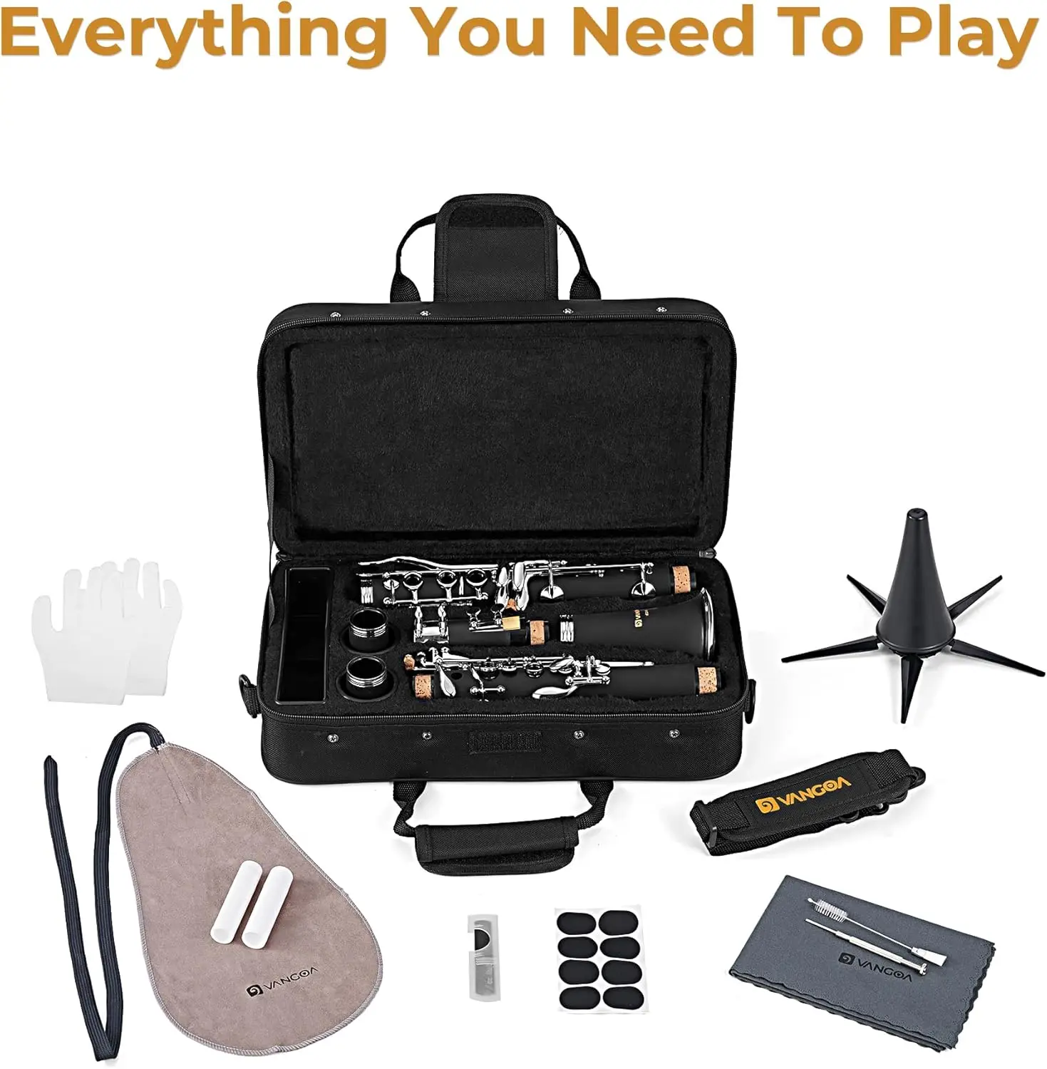 Bb Clarinet Beginner Kit with Hard Case, Stand, Cleaning Tools for Student Band Orchestra
