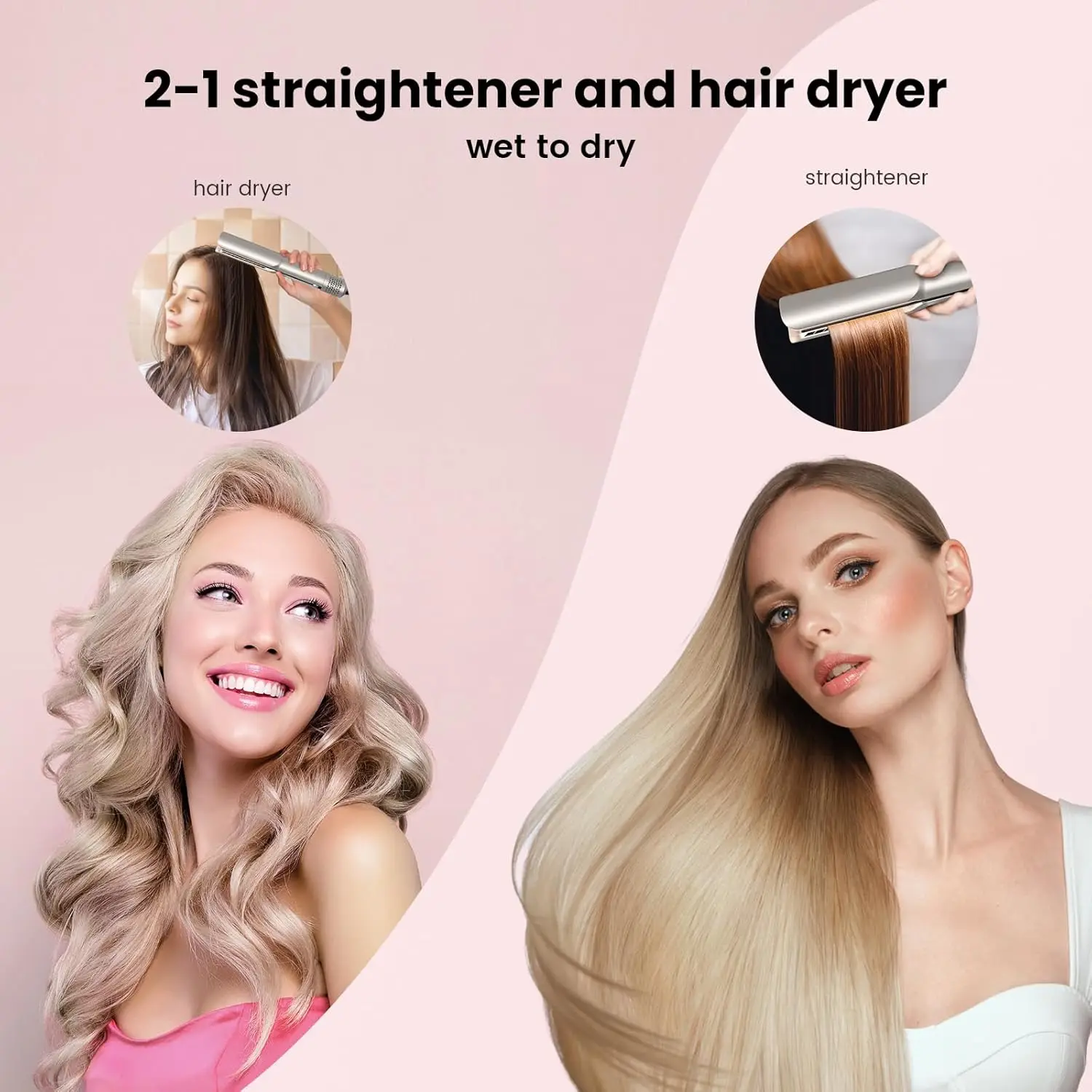 Hair Straightener - 2 in 1 Wet to Dry Hair Dryer and Straightener with High-Speed Airflow Rapid Heat-Up Customizable Temperature