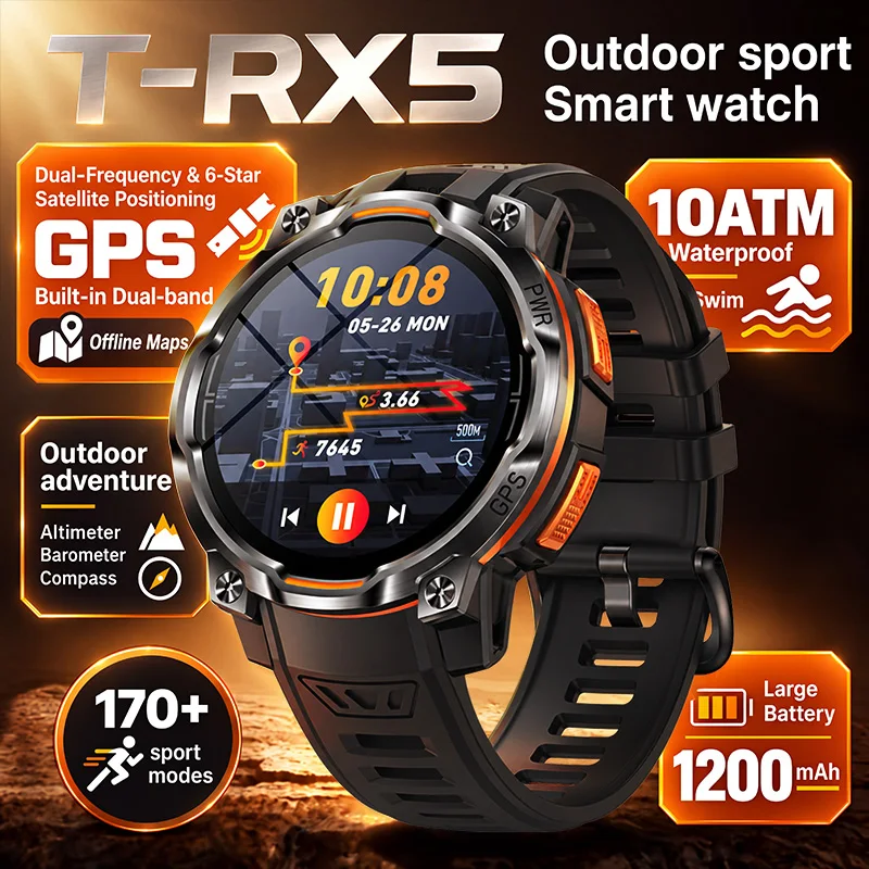 2026 New Military GPS Offline Map Smart Watch Men 10ATM Waterproof 170+Sport 1200mAh Compass Altimeter AMOLED HD Call Smartwatch