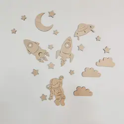Ins Nordic Style Astronaut Series Wall Sticker Boy Room Creative Wooden Decoration Rocket Flying Saucer Cloud Graphic Wood Board