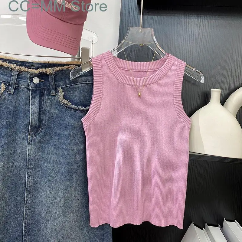 New Striped Knitted Tank Top for Women Sleeveless O Neck Vintage Slim Chic Crop Top Office Ladies Casual Top