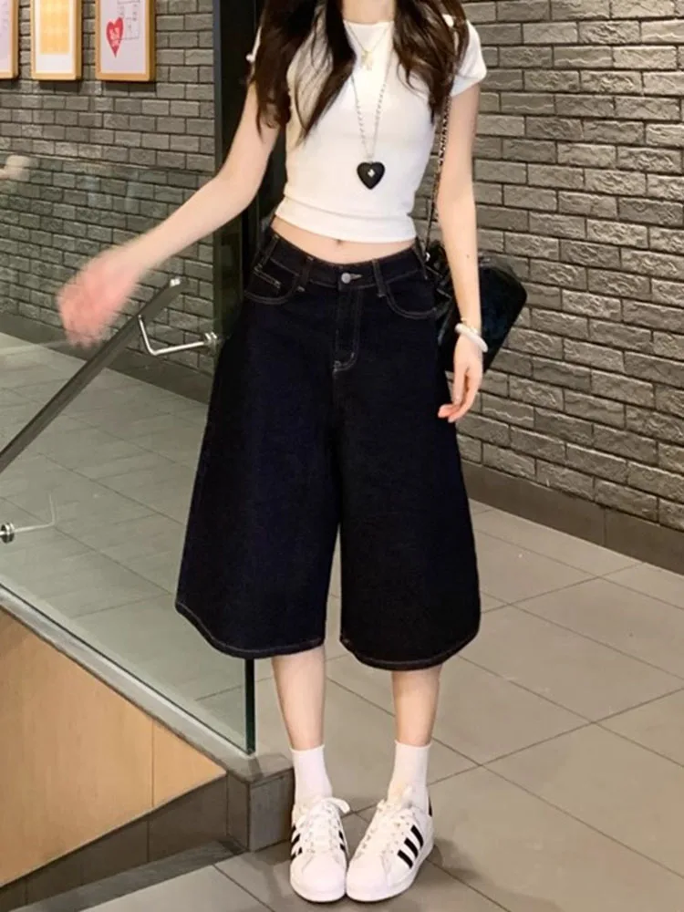 

Американский Sle с высокой талией, свободный крой, прямые брюки семи дюймов, женские летние новые винтажные синие джинсы, широкие брюки