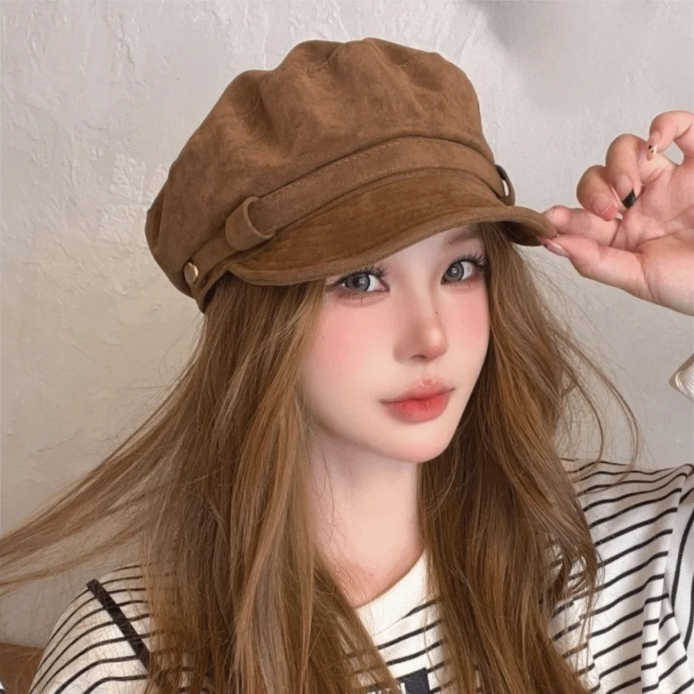 أزياء قصيرة حافة الجلد المدبوغ القبعات الدافئة يندبروف موزع الصحف قبعة الكورية نمط شقة أعلى الرسام قبعة المرأة