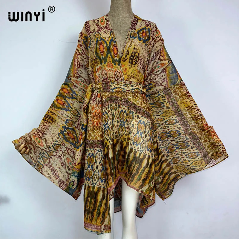 WINYI kimono con cintura estate stampa floreale abiti da spiaggia per le donne Cardigan sexy Holiday maxi beach wear costume da bagno abito da sera