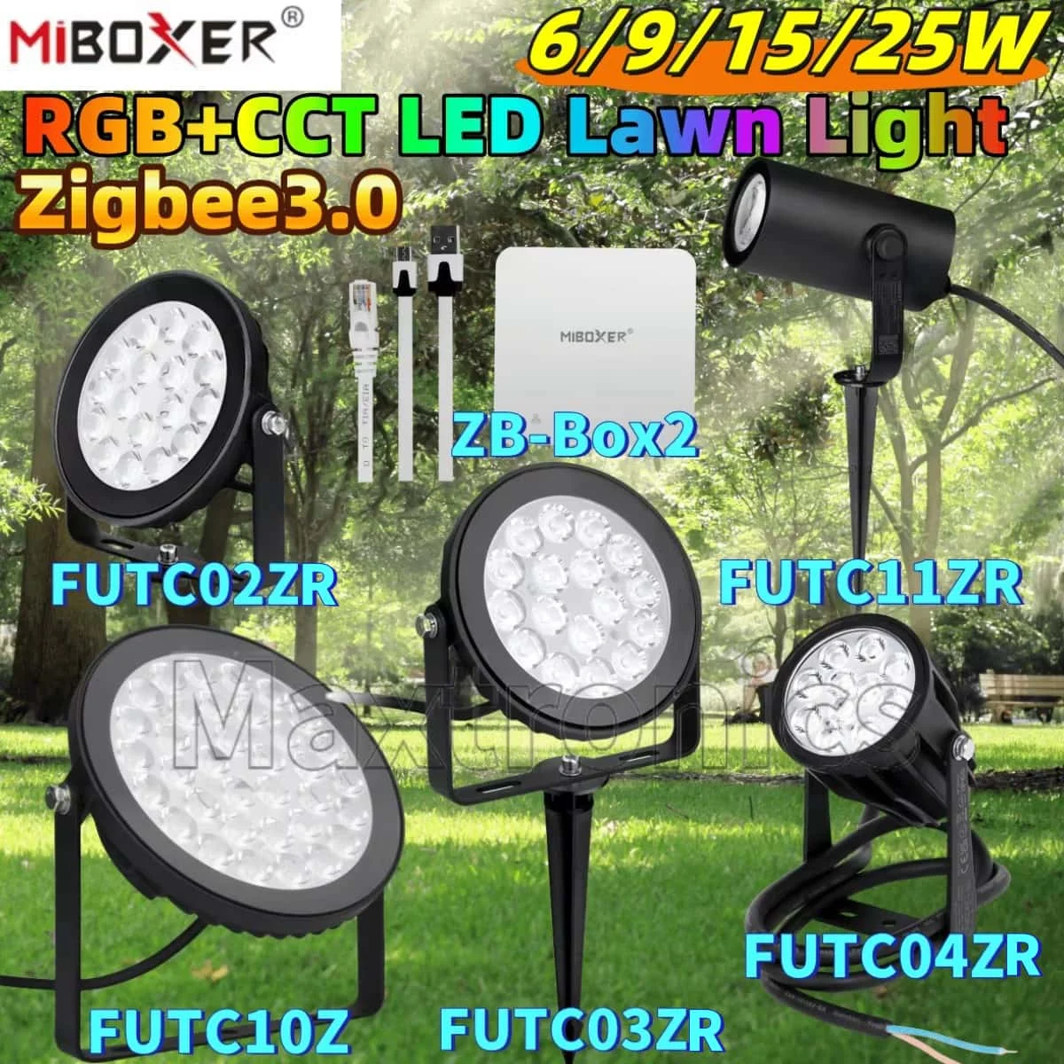 6-25W 2.4G Miboxer Zigbee3.0 RGB+CCT LED Lawn Light Waterproof TUYA Voice/App Control ZB-Box2 FUTC02ZR-11ZR Outdoor Garden Light