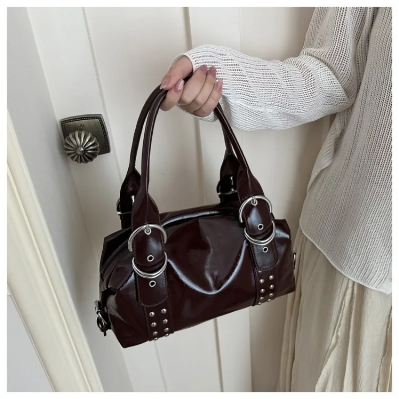 Vintage Style PU Leather Women Shoulder Bag Large Capacity High Quality Fashion Rivet Handbag Y2K Motorcycle Bag Daily Use