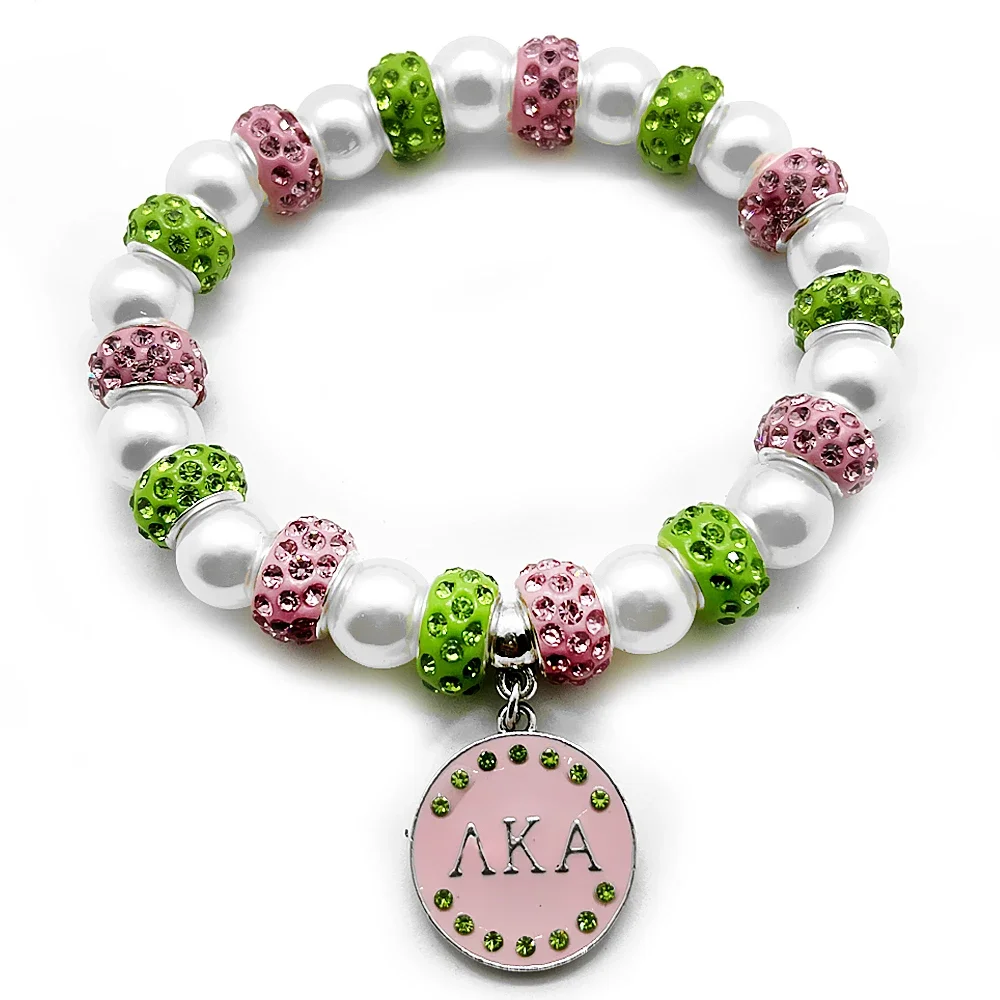 Exquisite Girls Sorority Society A Letter Enamel Metal Pendant Pink Green Rhinestone Bead Braceletjewelry