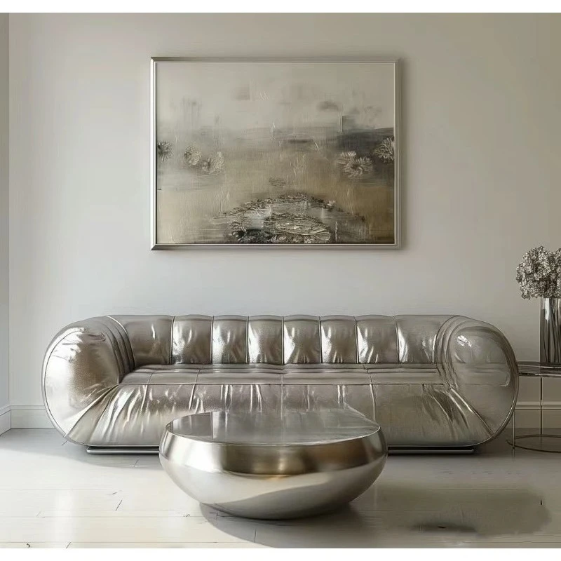 Silver pearlescent leather sofa, minimalist sofa, studio sofa