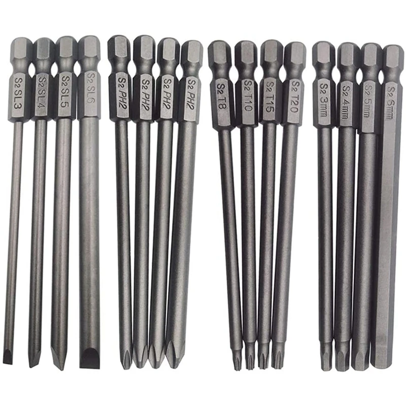 

32Pcs Long Magnetic Screwdriver Bits Set Slotted+Cross+Hex+Torx Drill Bit Set 1/4 Inch Hex Shank 100Mm Length