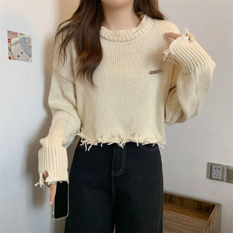 Hollow Out Knitted Sweater Women Long-Sleeved Harajuku Y2K Chic Loose Lazy Pullover Hip-Hop Spring Fall Female Cropped Tops