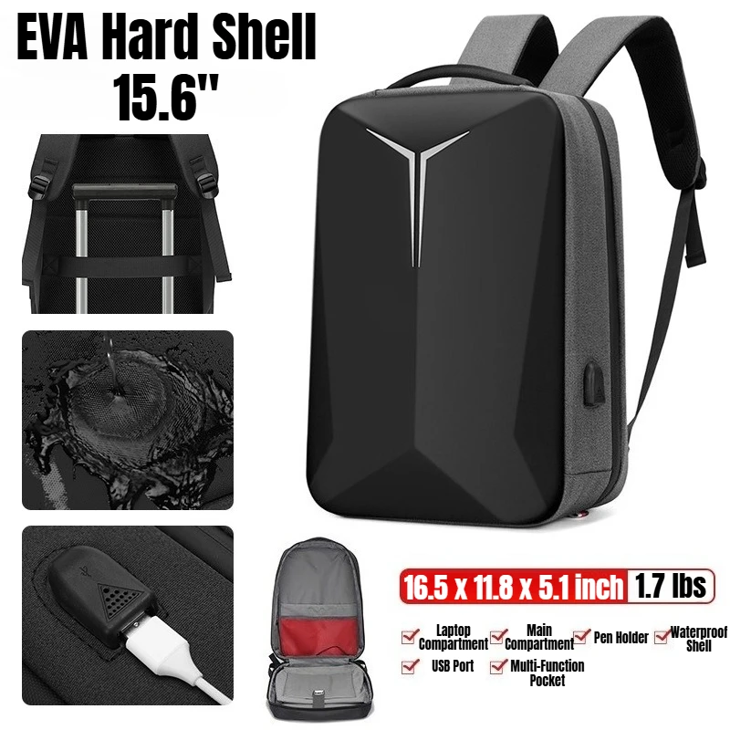 Men's Business Hard Shell Backpack Large Capacity Waterproof Reflective Laptop Backpack with USB Port Casual Schoolbag