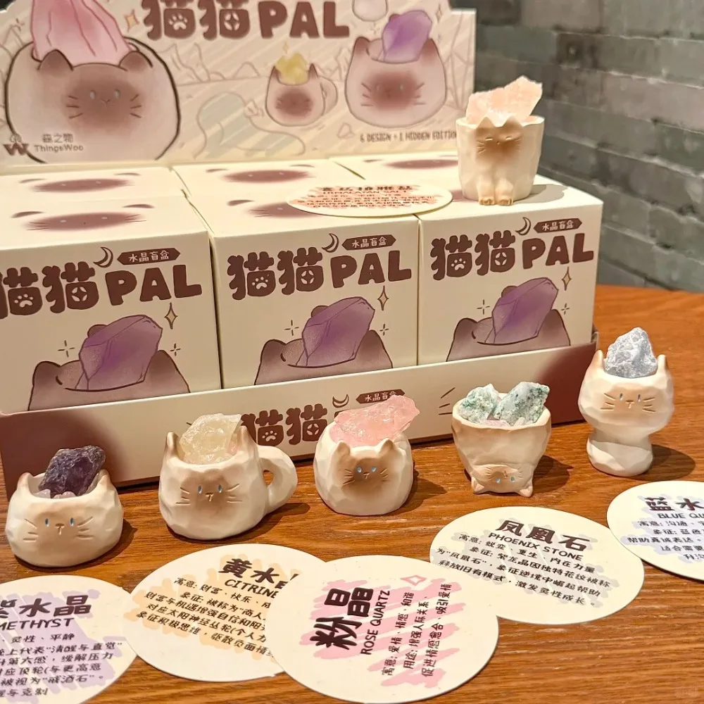 Gato pal cristal primitivo pedra série caixa cega decoração de mesa decoração interior dos desenhos animados caixa mistério surpresa presente da menina