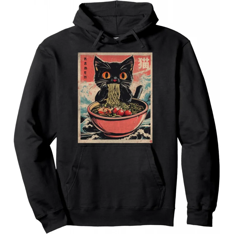 Cat Lamian Noodles Japanese funny pattern men's gift cartoon pullover