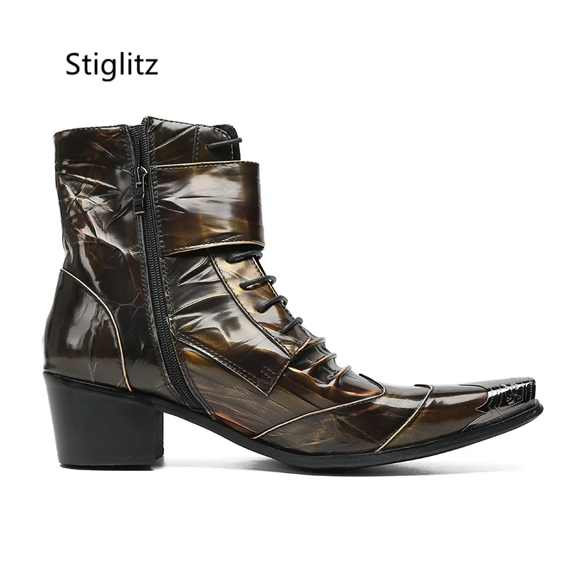 Double Buckle Patent Leather Ankle Boots for Men Metal Toe Zipper Brown Yellow Mixed Colors Short High Heel Boots Pleated Shoes