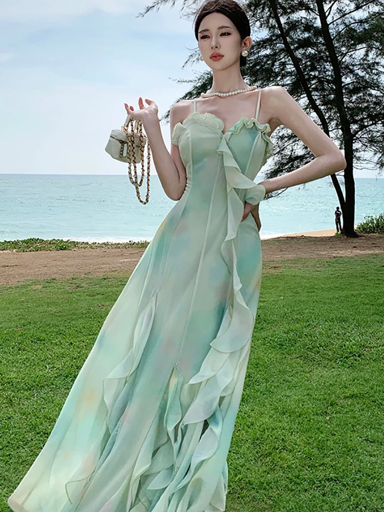 2024 New Green Chiffon Ruffled Luxury Sling Long Dress Summer Elegant Casual Beach Style Dress Women Korean Bodycon Party Dress