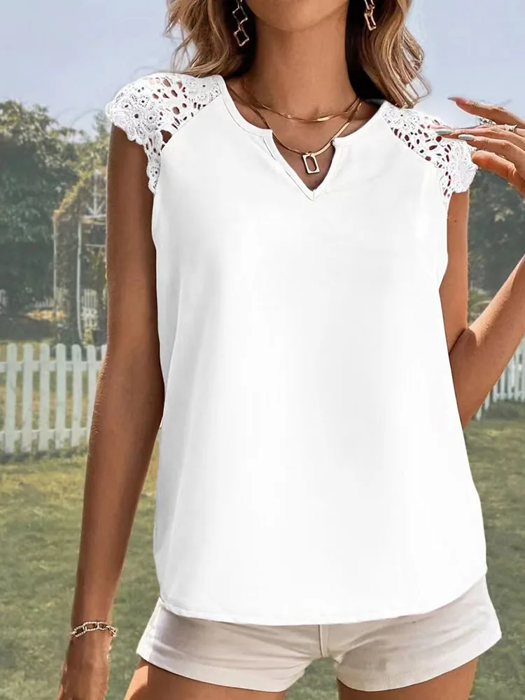 Elegant Women\'s Casual Blouse 2023 Summer Solid V-Neck Panel Lace Tank Tops Office Lady Short Sleeve Shirts Streetwear Women New