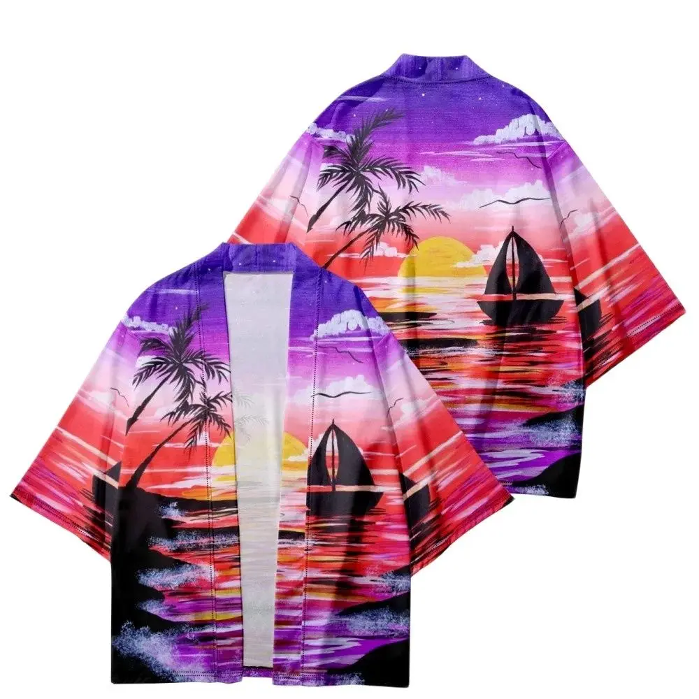 

Summer Samurai Kimono Cosplay Japanese Fashion Coconut Tree Print Haori Men Streetwear Kimono Yukata Cardigan Stylish Robe