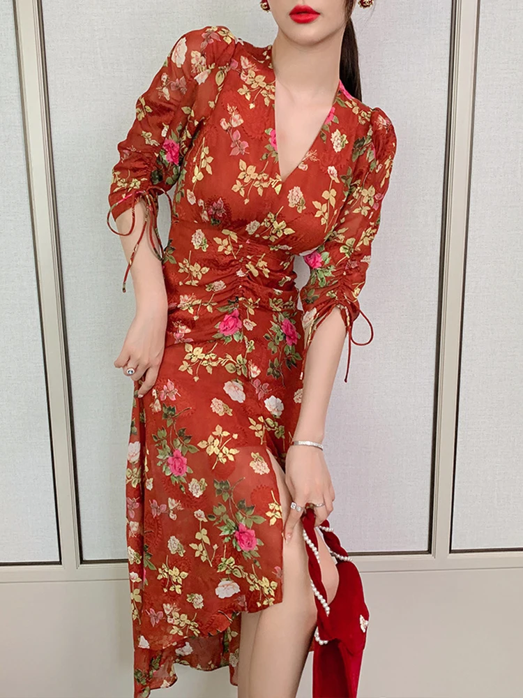 Femmes Vintage élégant Robe Maxi dames doux rétro vacances pansement plis fente longue Robe femme Boho vacances bord de mer robes