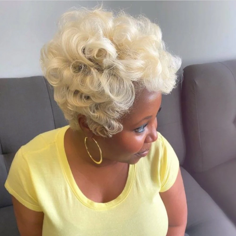 شقراء قصيرة عابث قطع الباروكات شعر الإنسان فضفاض موجة مجعد الباروكات مع الانفجارات للنساء الشعر البرازيلي آلة صنع قبعة تأثيري اليومي