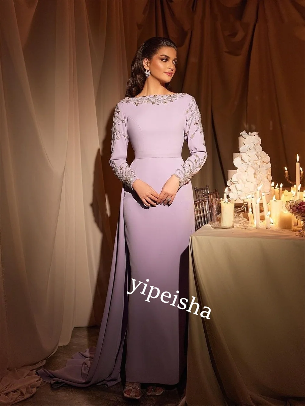 Customized  Evening Jersey Beading Cocktail Party A-line O-Neck Bespoke Occasion Gown Long Dresses Saudi Arabia