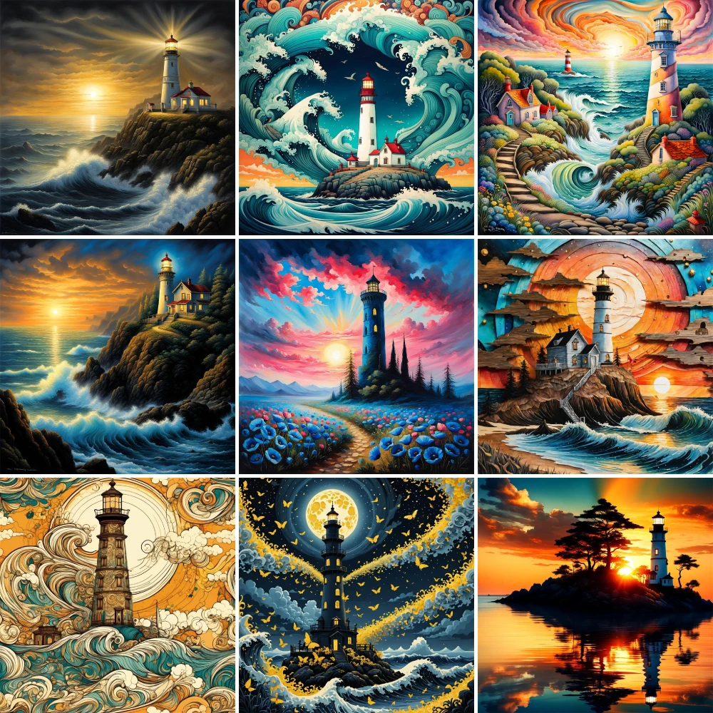 Landscape Lighthouse Printed Fabric Cross-Stitch DIY Embroidery Set Knitting Sewing Hobby Painting Floss Promotions Room Decor