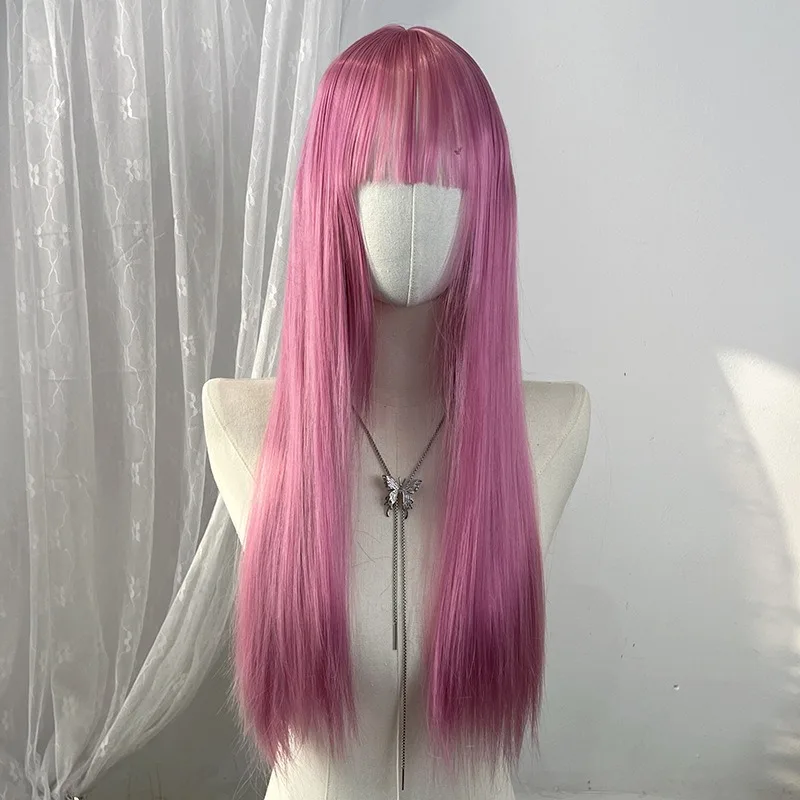 Colored Flat Bangs Long Straight Synthetic Wig for Women