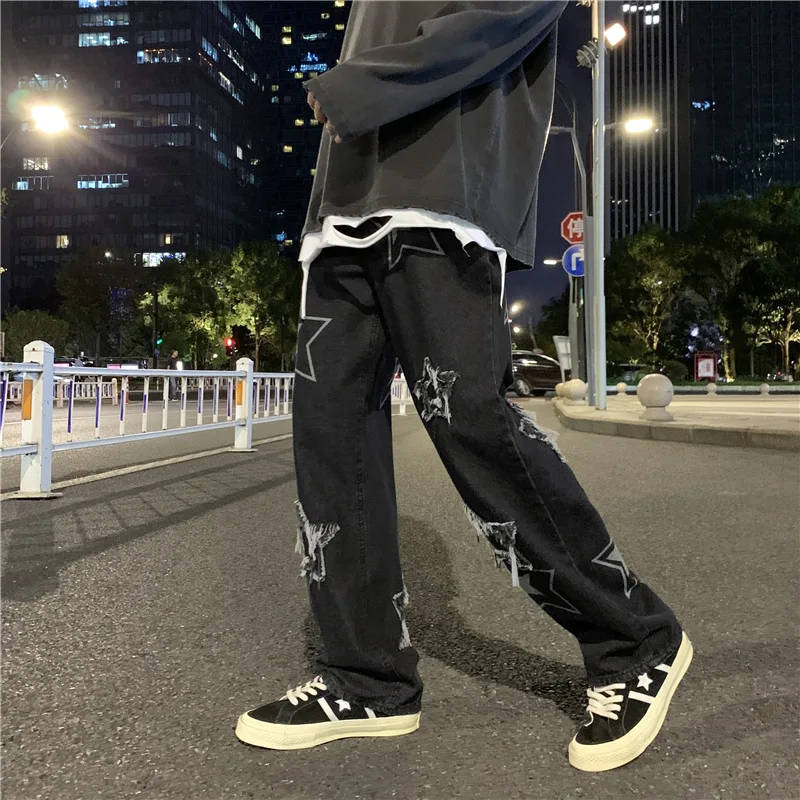 Four Seasons New Fashion Men's Casual Trendy Washed Vintage Star Printed Loose Wide Leg Jeans Pants American High Street Pants