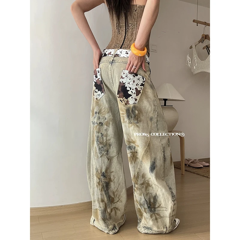 ZHIZOU Women Blue Leopard Y2k Jeans Baggy Aesthetic Denim Trousers Harajuku Streetwear Jean Pants Vintage 2000s Trashy Clothes