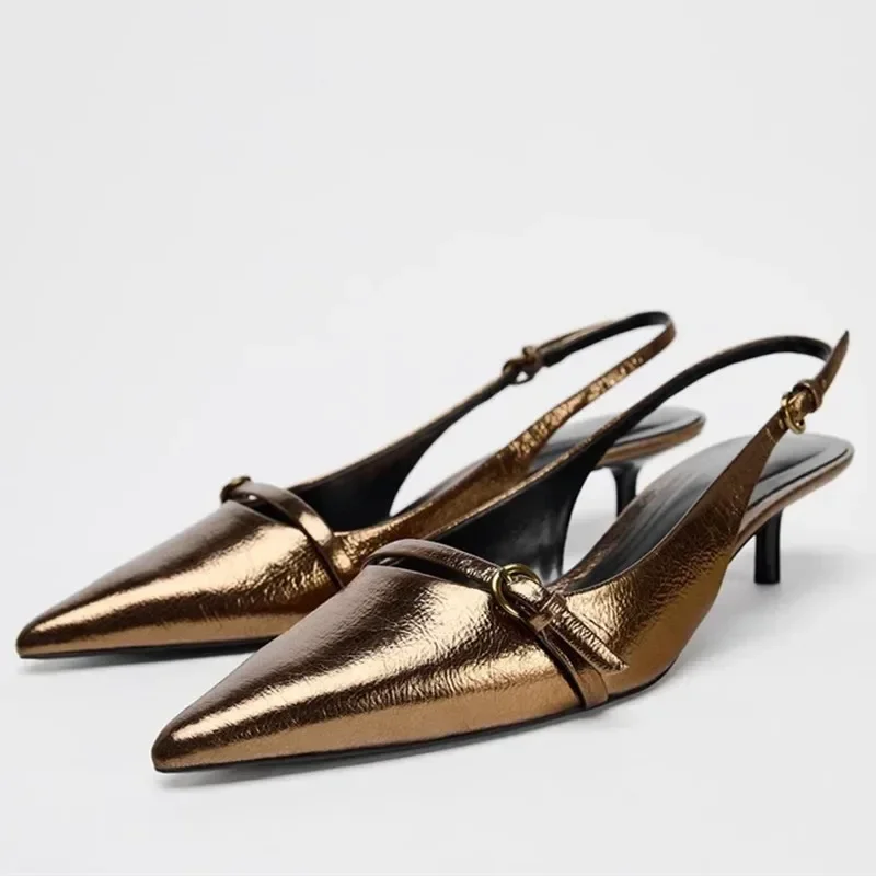 Luxury Designer Low Heel Slingback Mules Sandals Women Sexy Pointed Toe Gold Copper Heels for Women Elegant Buckle Women Pumps